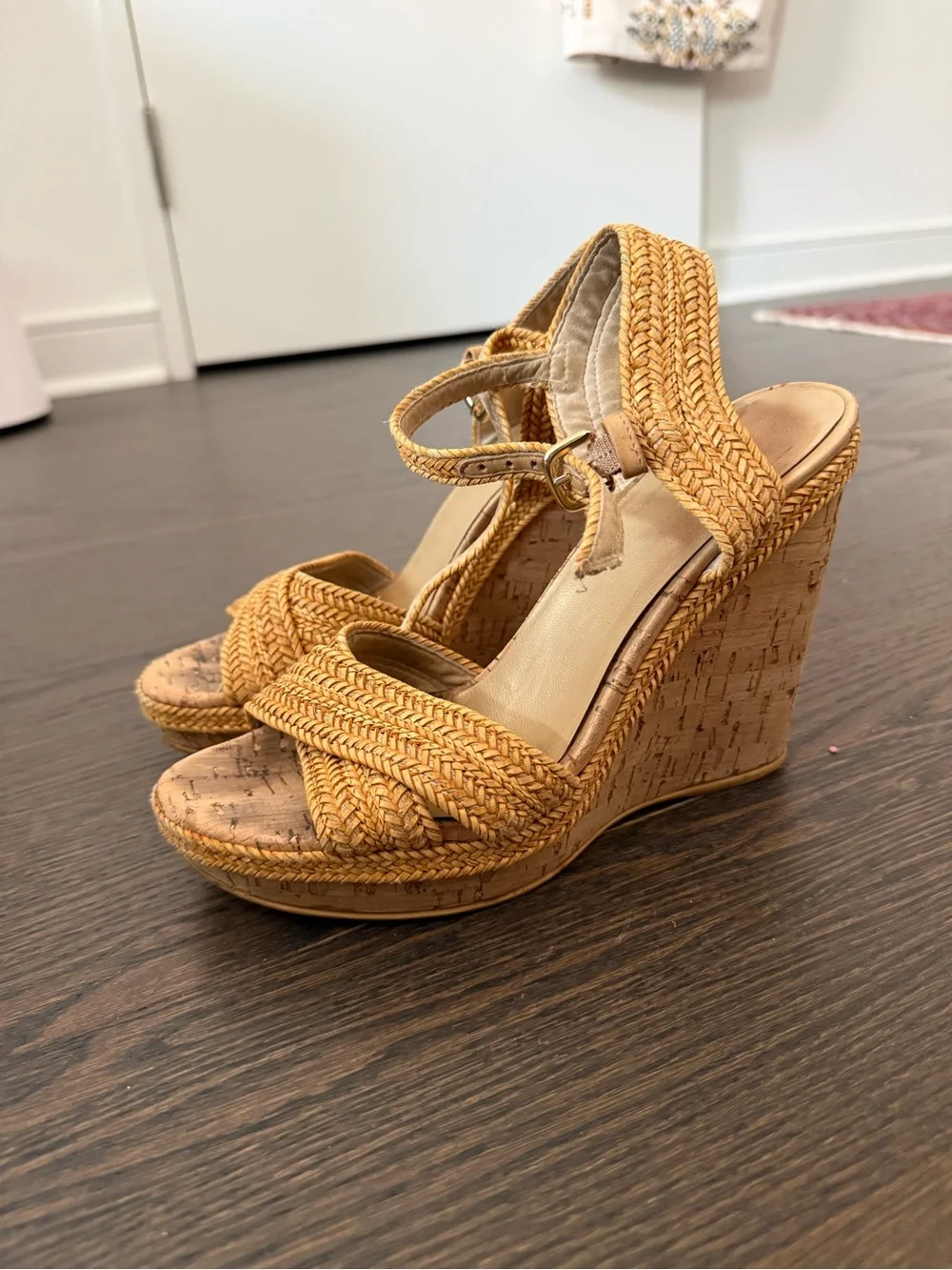 Stuart Weitzman Tan Braided Espadrille Wedge Sandals
